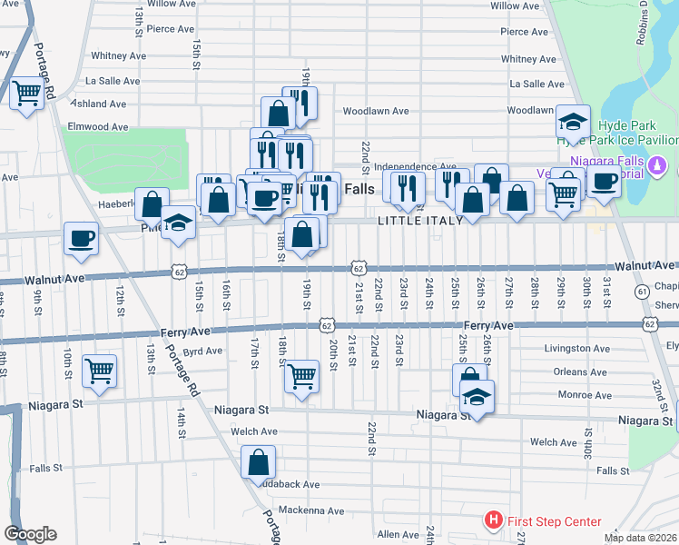 map of restaurants, bars, coffee shops, grocery stores, and more near 1922 Walnut Avenue in Niagara Falls