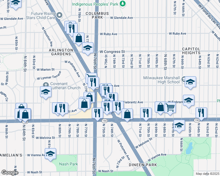 map of restaurants, bars, coffee shops, grocery stores, and more near 7476 West Beckett Avenue in Milwaukee