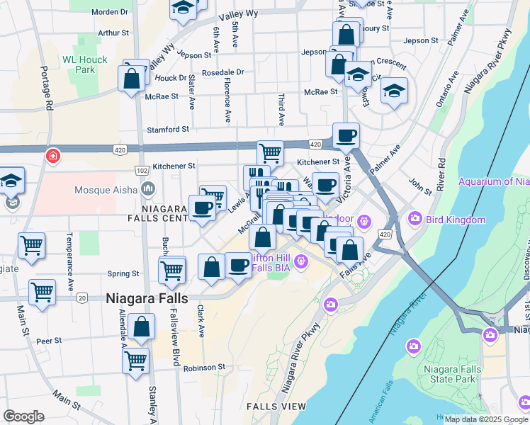 map of restaurants, bars, coffee shops, grocery stores, and more near 5077 Centre Street in Niagara Falls