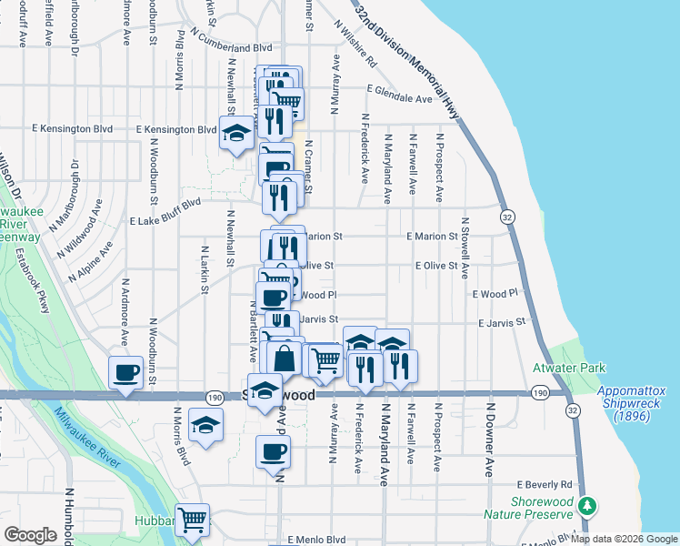 map of restaurants, bars, coffee shops, grocery stores, and more near 4152 North Murray Avenue in Shorewood