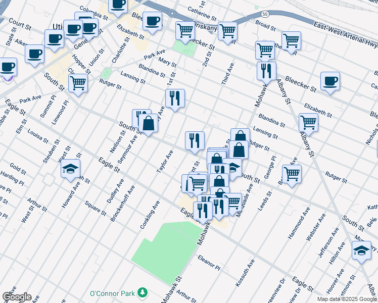 map of restaurants, bars, coffee shops, grocery stores, and more near 801 Union Street in Utica