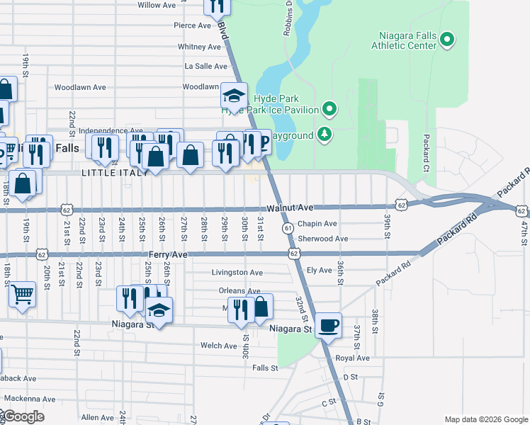 map of restaurants, bars, coffee shops, grocery stores, and more near 563 31st Street in Niagara Falls