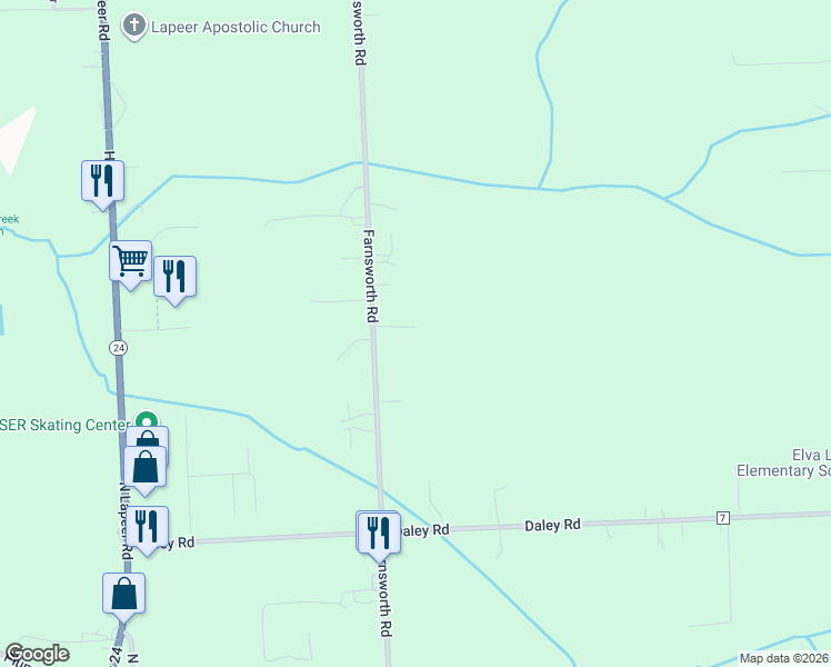 map of restaurants, bars, coffee shops, grocery stores, and more near 2192 Farnsworth Road in Lapeer