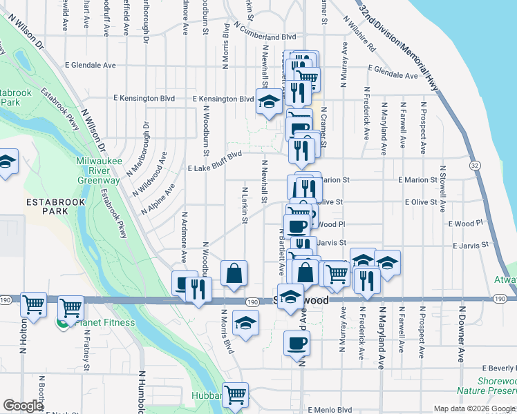 map of restaurants, bars, coffee shops, grocery stores, and more near 1602 East Olive Street in Shorewood