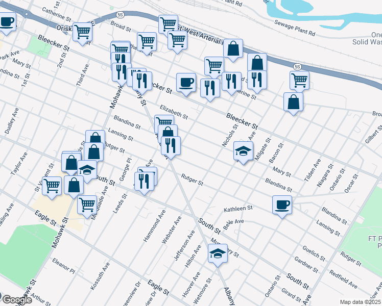 map of restaurants, bars, coffee shops, grocery stores, and more near 906 Blandina Street in Utica