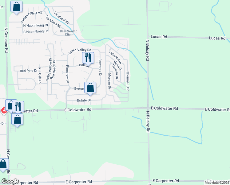 map of restaurants, bars, coffee shops, grocery stores, and more near 750 Michael Drive in Flint