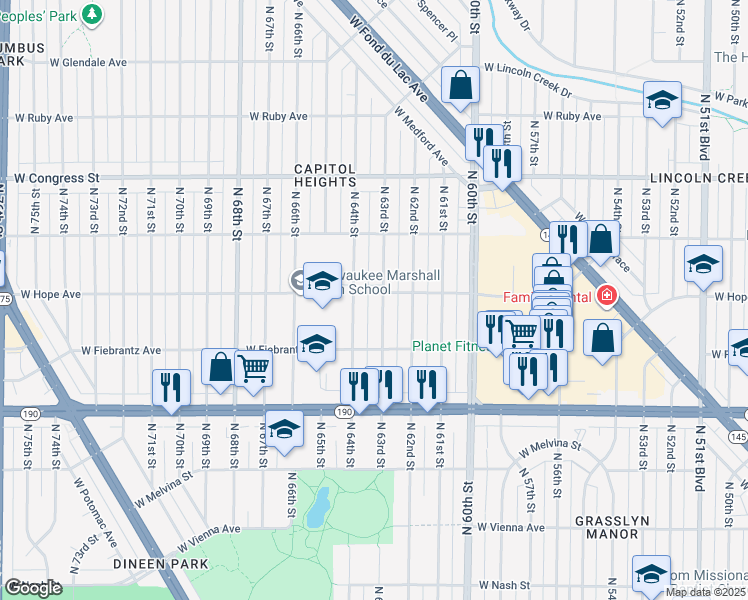 map of restaurants, bars, coffee shops, grocery stores, and more near 4174 North 64th Street in Milwaukee