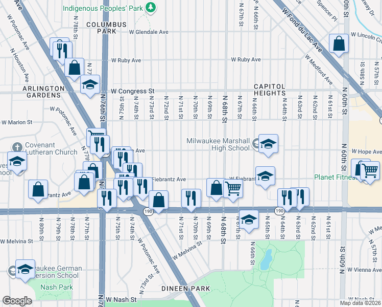 map of restaurants, bars, coffee shops, grocery stores, and more near 4174 North 71st Street in Milwaukee