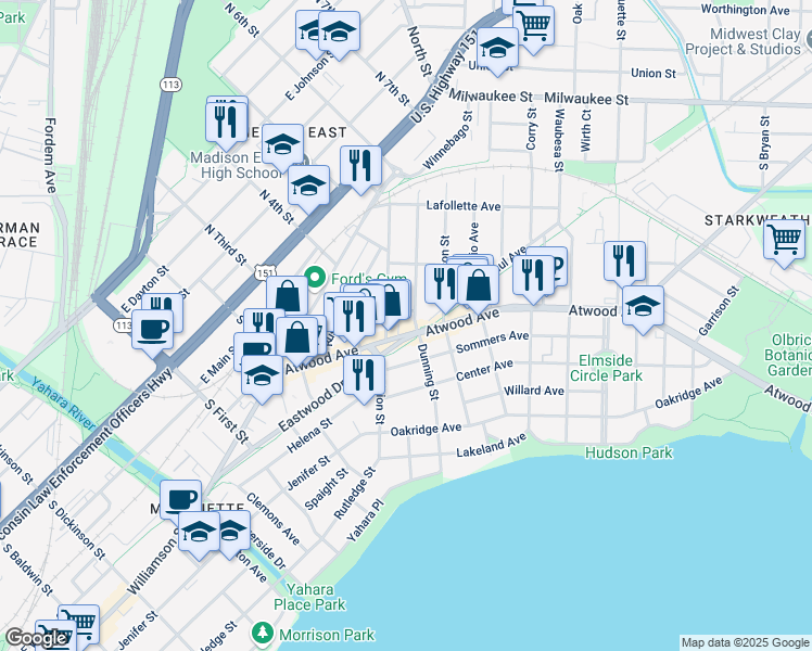 map of restaurants, bars, coffee shops, grocery stores, and more near 253 Division Street in Madison
