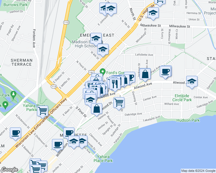 map of restaurants, bars, coffee shops, grocery stores, and more near 2069 Winnebago Street in Madison