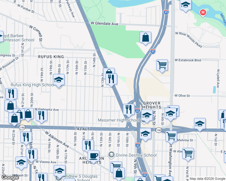 map of restaurants, bars, coffee shops, grocery stores, and more near 4185 North Green Bay Avenue in Milwaukee
