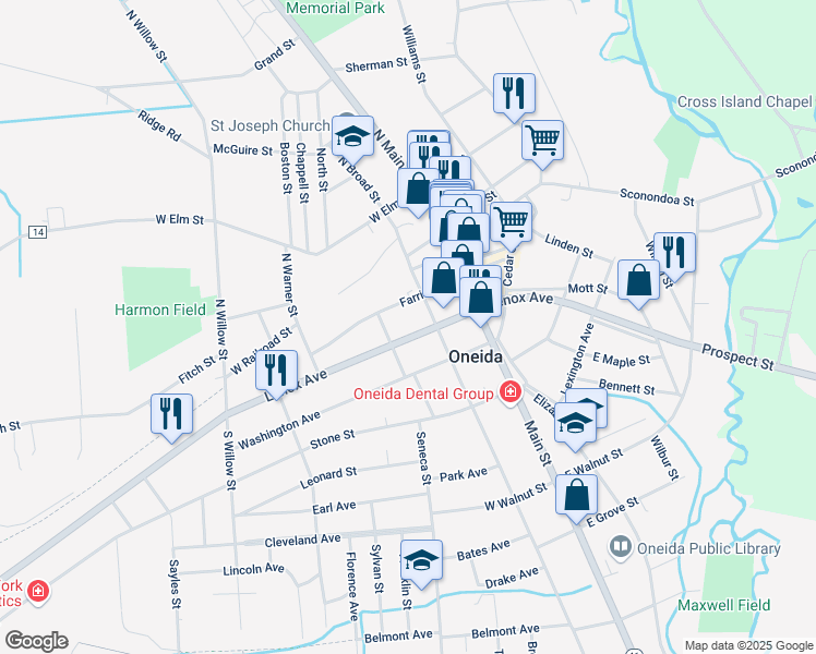 map of restaurants, bars, coffee shops, grocery stores, and more near 216 Lenox Avenue in Oneida