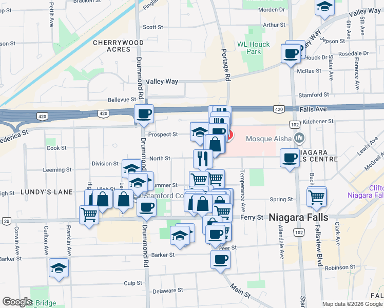 map of restaurants, bars, coffee shops, grocery stores, and more near 5937 North Street in Niagara Falls