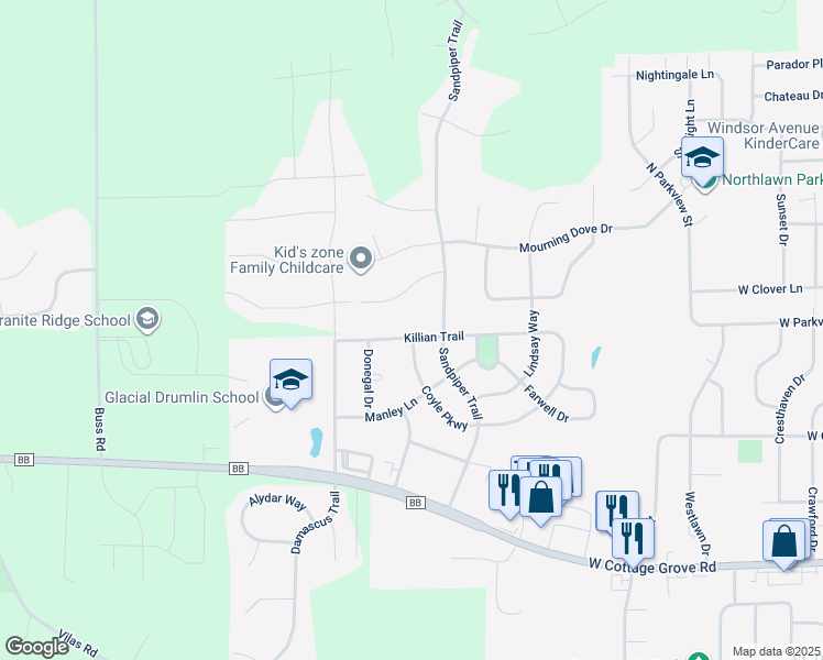 map of restaurants, bars, coffee shops, grocery stores, and more near 701 Killian Trail in Cottage Grove