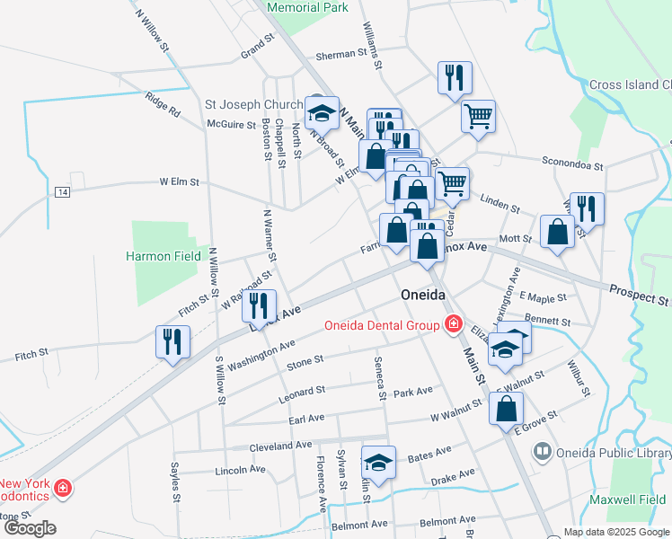 map of restaurants, bars, coffee shops, grocery stores, and more near 307 Farrier Avenue in Oneida