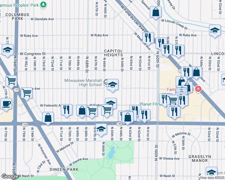 map of restaurants, bars, coffee shops, grocery stores, and more near 4141 North 64th Street in Milwaukee