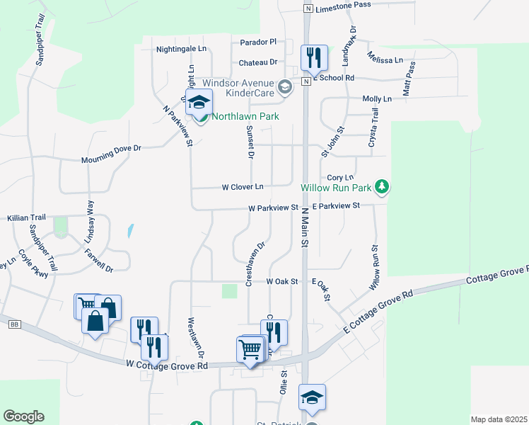 map of restaurants, bars, coffee shops, grocery stores, and more near 200 West Parkview Street in Cottage Grove