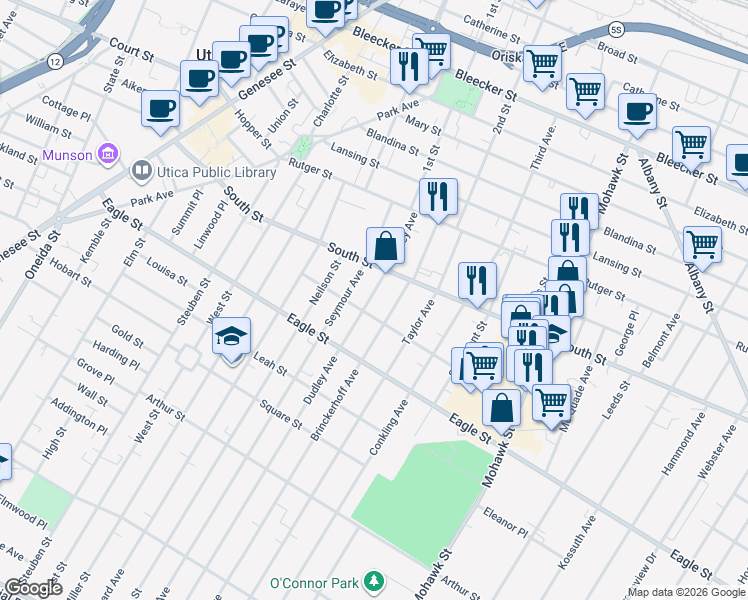 map of restaurants, bars, coffee shops, grocery stores, and more near 1119 Dudley Avenue in Utica