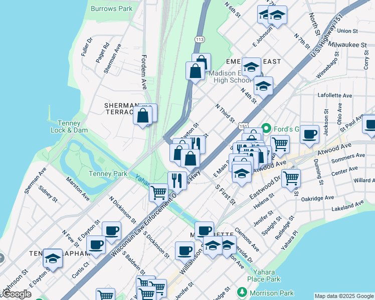 map of restaurants, bars, coffee shops, grocery stores, and more near 117 North First Street in Madison