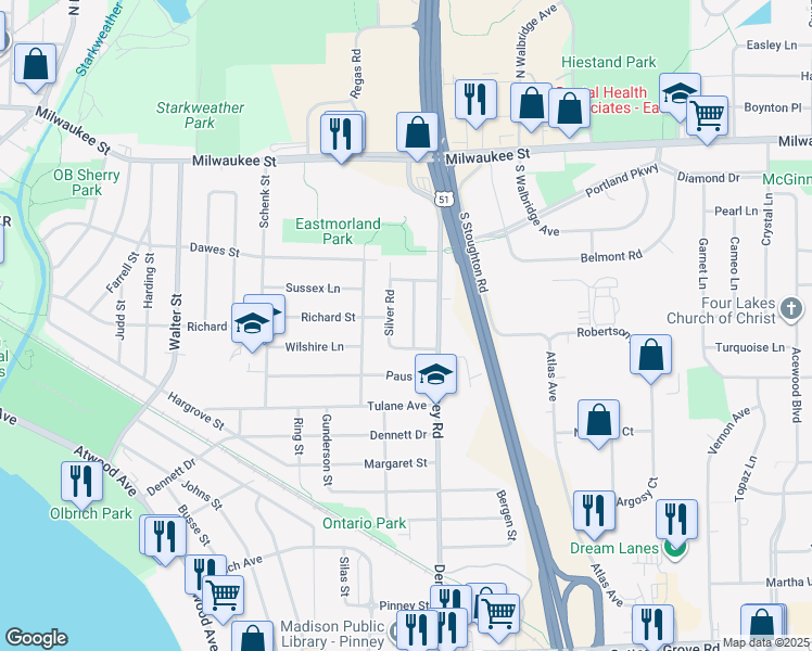 map of restaurants, bars, coffee shops, grocery stores, and more near 206 Lynnhaven Road in Madison