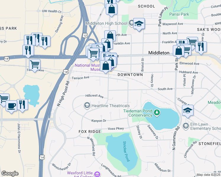 map of restaurants, bars, coffee shops, grocery stores, and more near 7450 South Avenue in Middleton