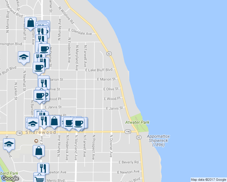 map of restaurants, bars, coffee shops, grocery stores, and more near 2601 East Olive Street in Shorewood