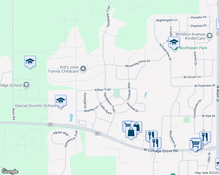 map of restaurants, bars, coffee shops, grocery stores, and more near 517 Killian Trail in Cottage Grove