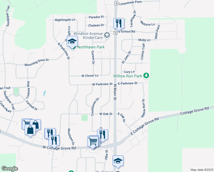 map of restaurants, bars, coffee shops, grocery stores, and more near 108 West Parkview Street in Cottage Grove