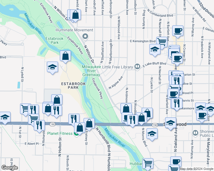 map of restaurants, bars, coffee shops, grocery stores, and more near 4282 North Wilson Drive in Shorewood