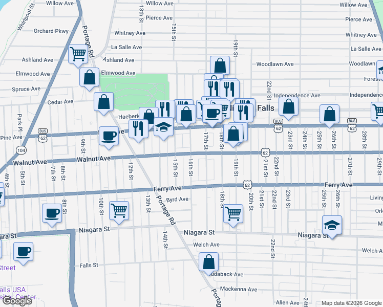 map of restaurants, bars, coffee shops, grocery stores, and more near 1600 Walnut Avenue in Niagara Falls