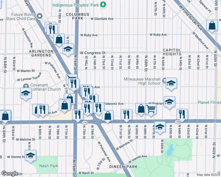 map of restaurants, bars, coffee shops, grocery stores, and more near 4175 North 72nd Street in Milwaukee