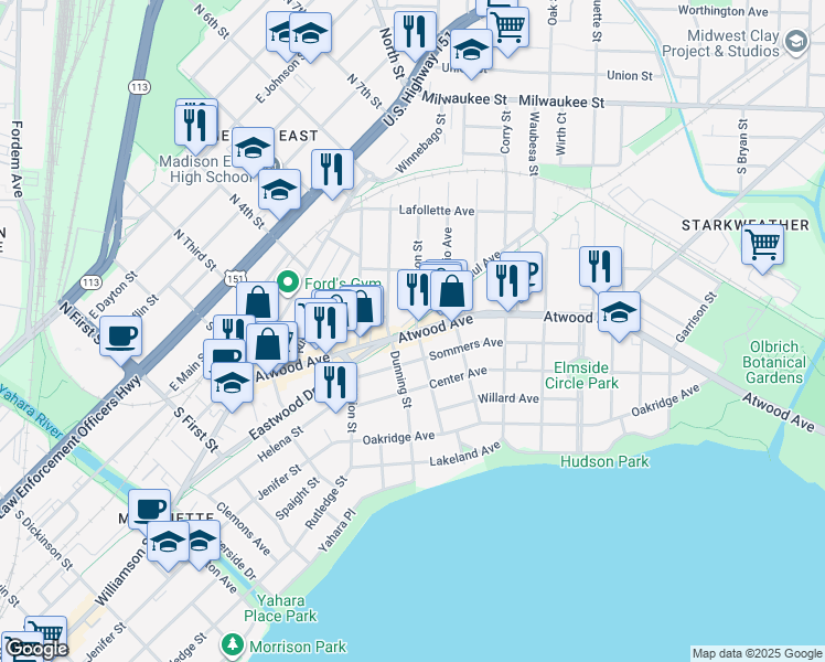 map of restaurants, bars, coffee shops, grocery stores, and more near 2200 Atwood Avenue in Madison