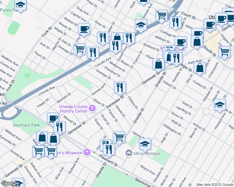 map of restaurants, bars, coffee shops, grocery stores, and more near 8 Waverly Place in Utica