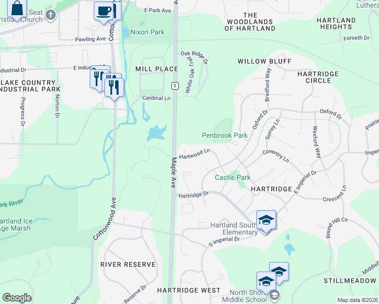 map of restaurants, bars, coffee shops, grocery stores, and more near 647 Hearne Court in Hartland