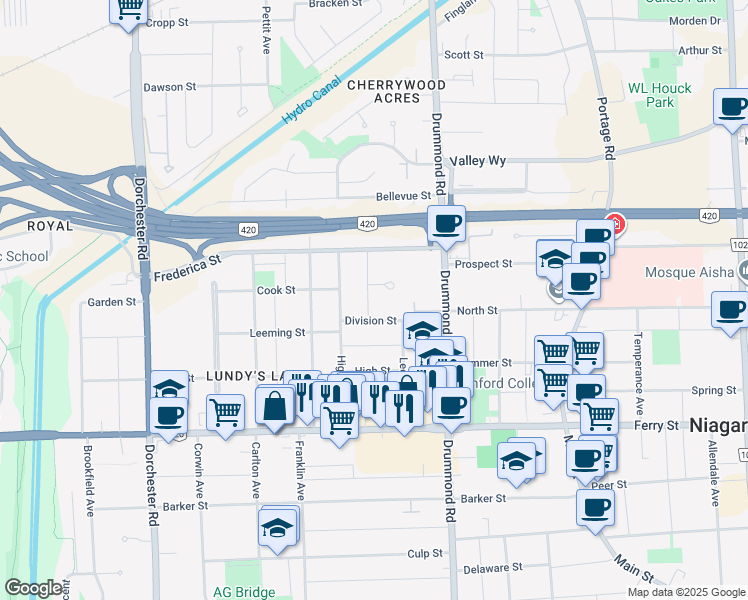 map of restaurants, bars, coffee shops, grocery stores, and more near 5576 Hillsdale Avenue in Niagara Falls