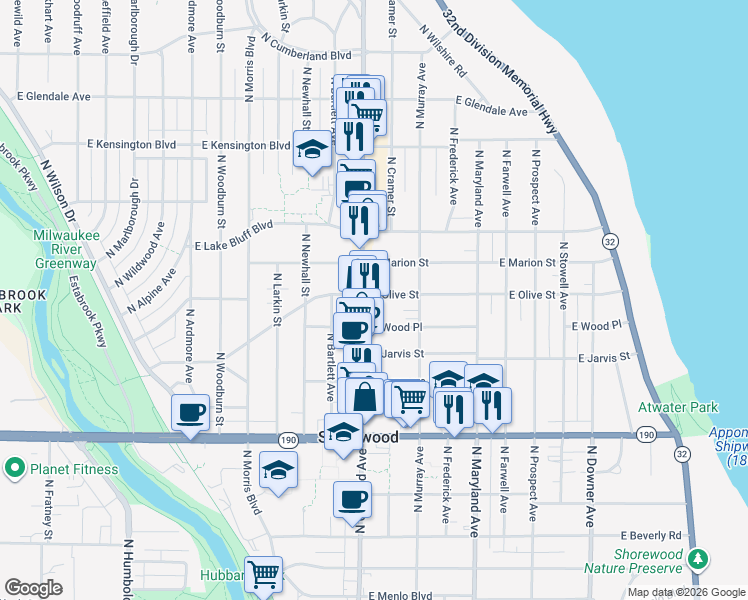 map of restaurants, bars, coffee shops, grocery stores, and more near 1807 East Olive Street in Shorewood