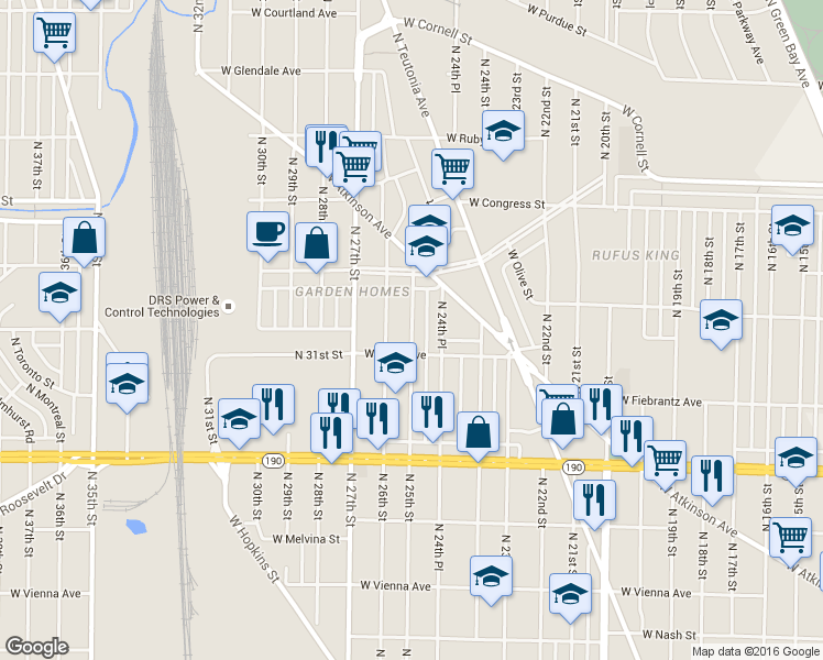 map of restaurants, bars, coffee shops, grocery stores, and more near 4229 N 25th St in Milwaukee