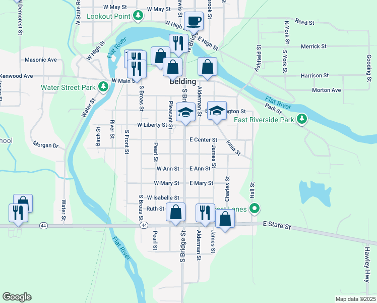 map of restaurants, bars, coffee shops, grocery stores, and more near 520 South Bridge Street in Belding