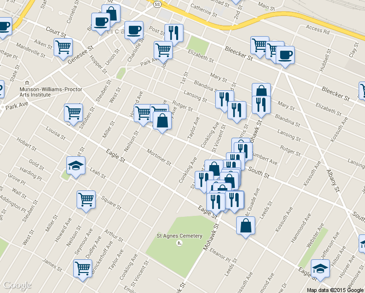 map of restaurants, bars, coffee shops, grocery stores, and more near 1104 Taylor Ave in Utica