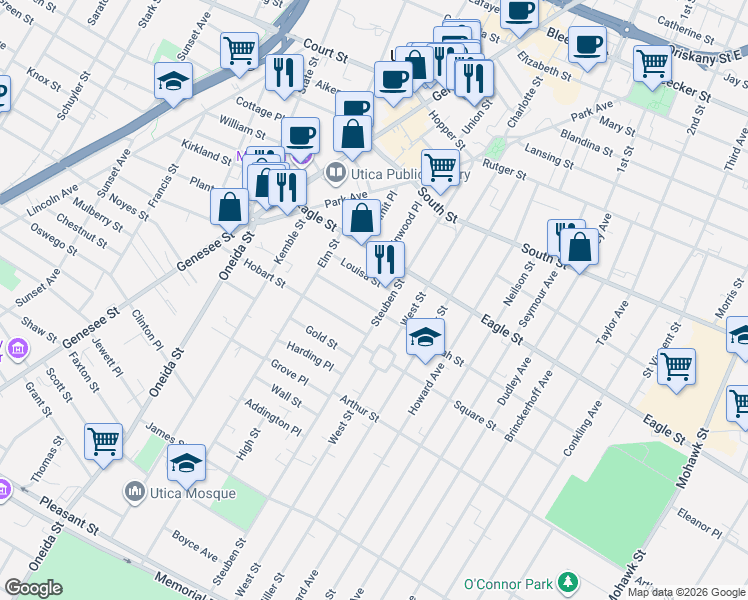 map of restaurants, bars, coffee shops, grocery stores, and more near 139 Leah St in Utica