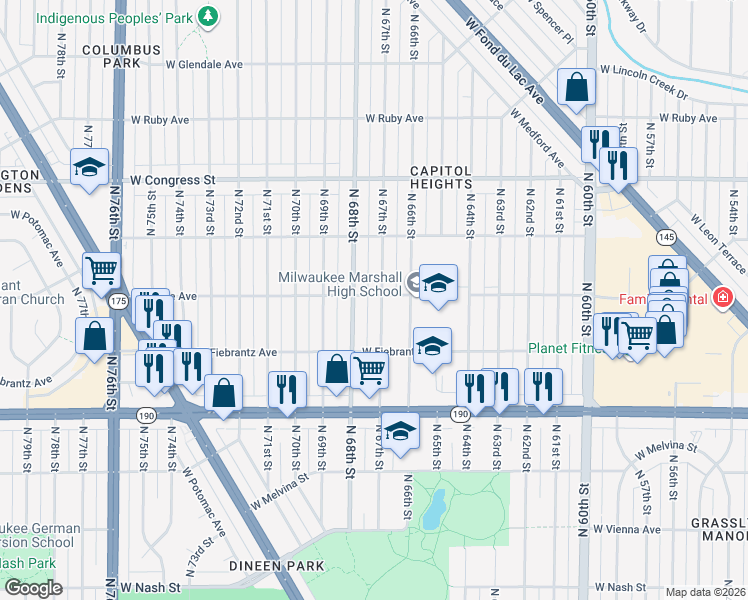 map of restaurants, bars, coffee shops, grocery stores, and more near 4175 North 67th Street in Milwaukee