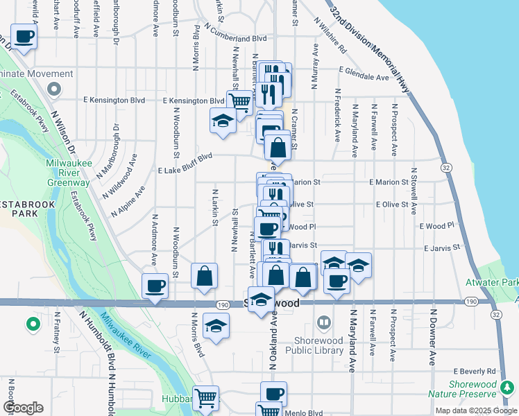map of restaurants, bars, coffee shops, grocery stores, and more near 4188 North Bartlett Avenue in Shorewood