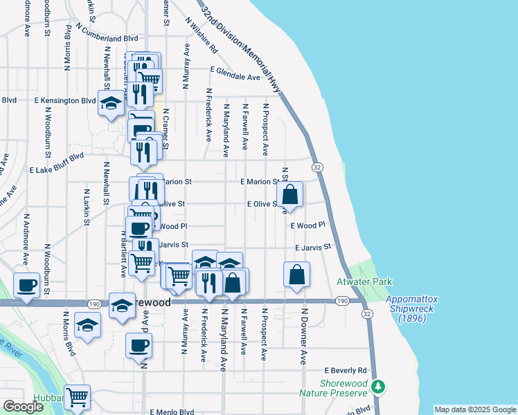 map of restaurants, bars, coffee shops, grocery stores, and more near 2317 East Olive Street in Shorewood