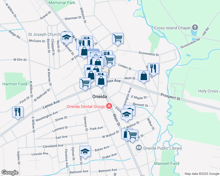 map of restaurants, bars, coffee shops, grocery stores, and more near 217 Cedar Street in Oneida