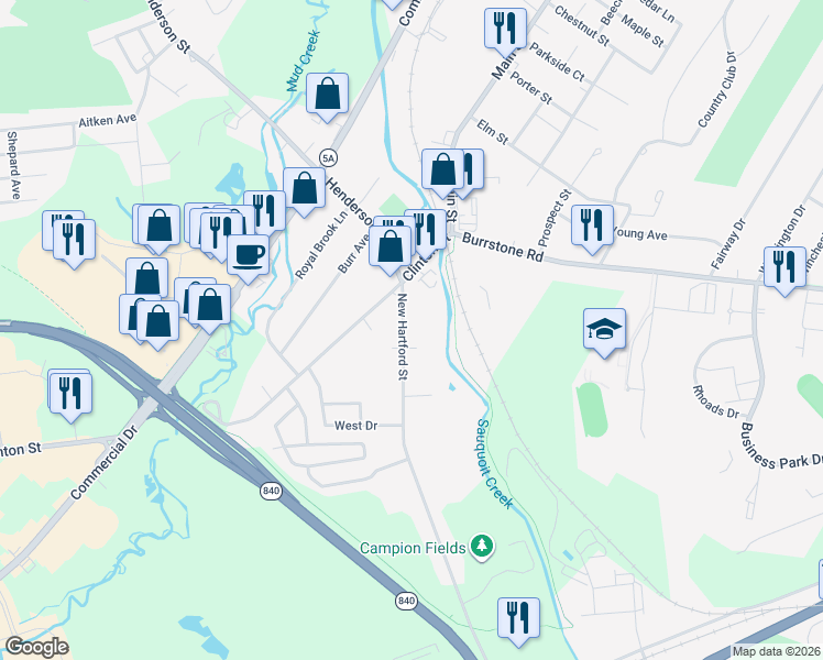map of restaurants, bars, coffee shops, grocery stores, and more near 15 New Hartford Street in New York Mills