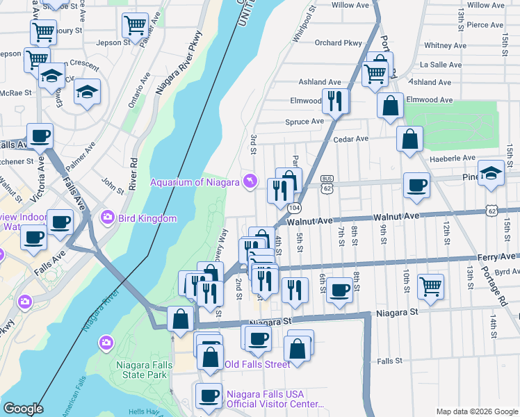 map of restaurants, bars, coffee shops, grocery stores, and more near 609 3rd Street in Niagara Falls