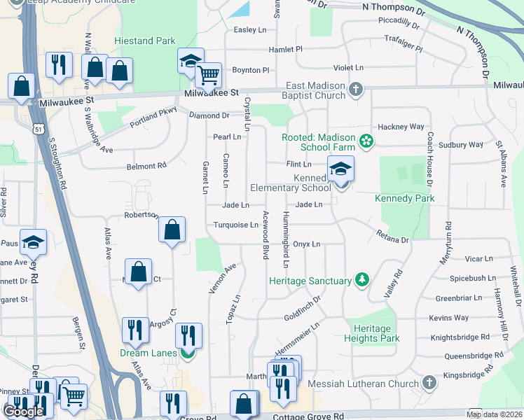 map of restaurants, bars, coffee shops, grocery stores, and more near 302 Acewood Boulevard in Madison