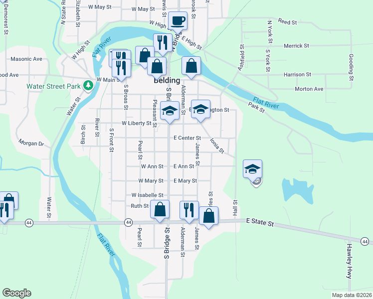 map of restaurants, bars, coffee shops, grocery stores, and more near 522 Alderman Street in Belding