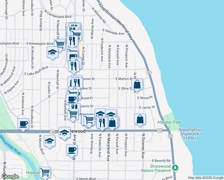 map of restaurants, bars, coffee shops, grocery stores, and more near 4162 North Maryland Avenue in Shorewood