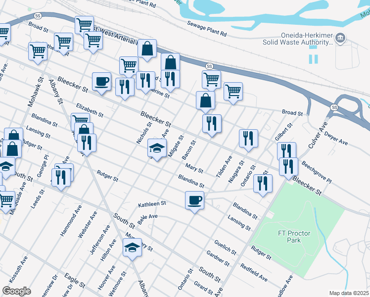 map of restaurants, bars, coffee shops, grocery stores, and more near 516 Bacon St in Utica